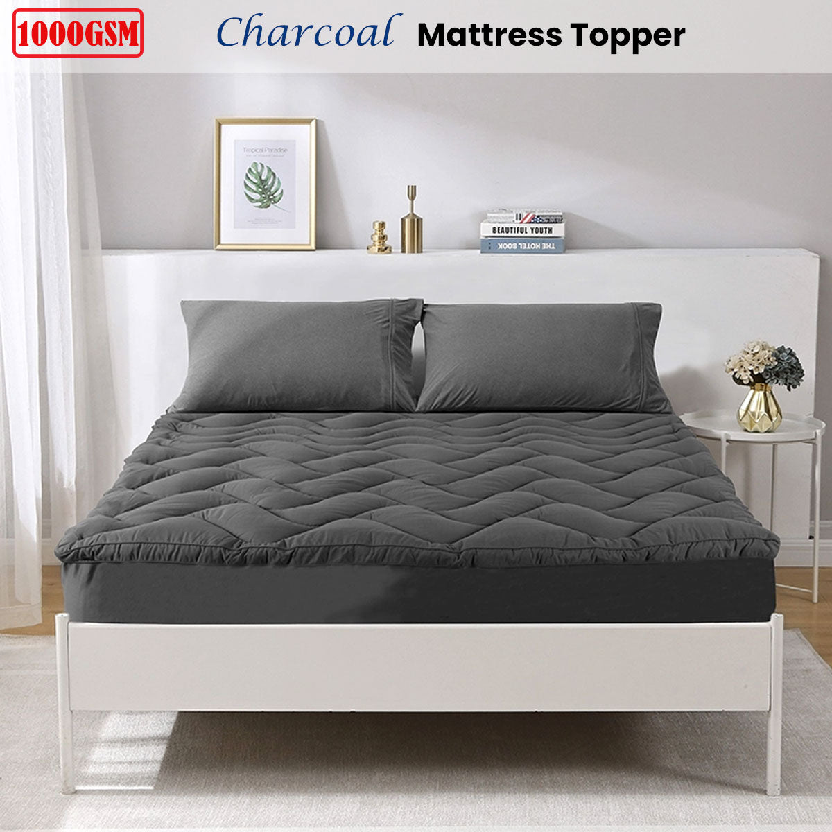 1000GSM Charcoal Mattress Topper Double - Home & Garden > Bathroom Accessories - Bedzy Australia