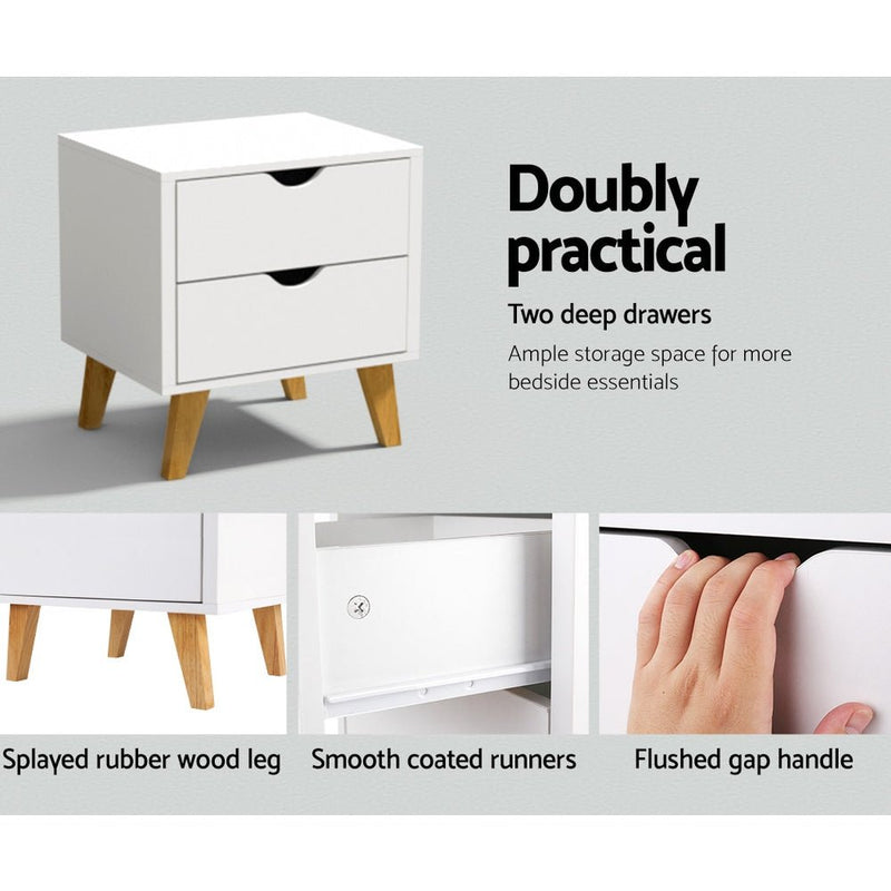 2 Drawer Wooden Bedside Table - White - Bedzy Australia