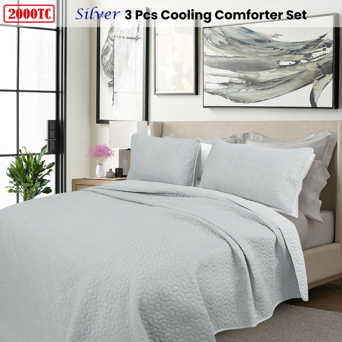 2000TC Silver Cooling Embroidered 3 Pcs Comforter Set Queen - Home & Garden > Bathroom Accessories - Bedzy Australia