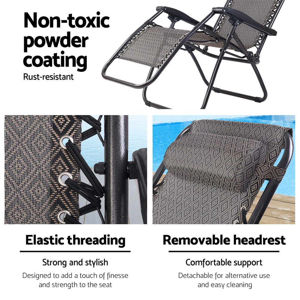 2PC Zero Gravity Chair Folding Outdoor Recliner Adjustable Sun Lounge Camping Beige - Furniture > Outdoor - Bedzy Australia