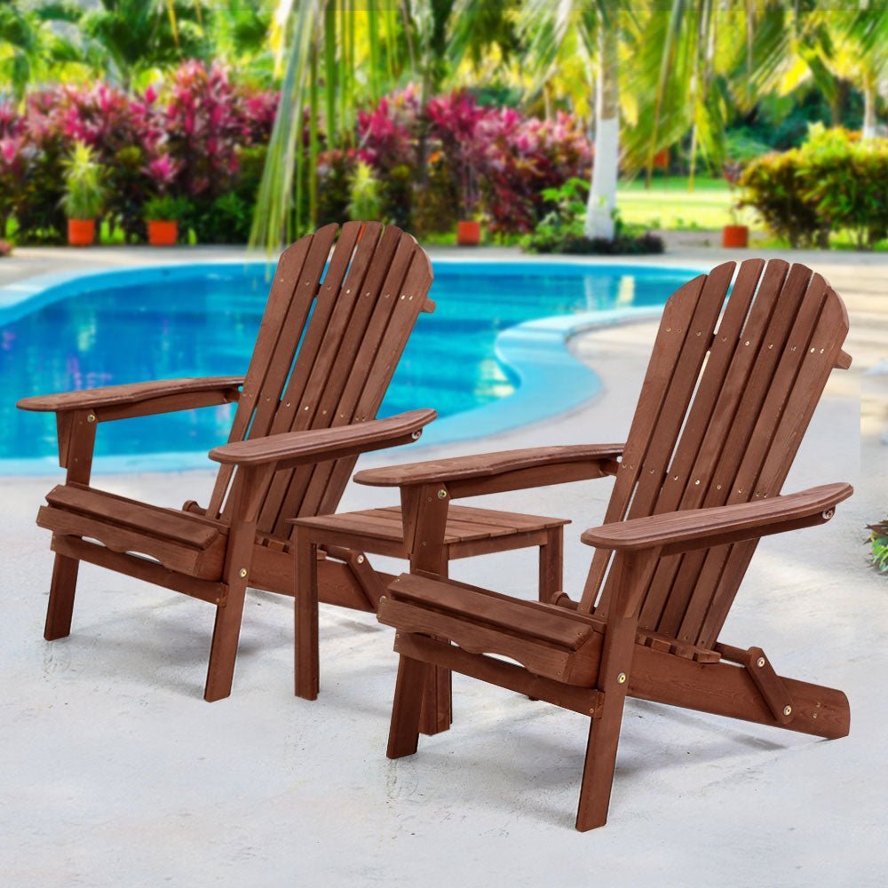 3PC Adirondack Outdoor Table and Chairs Wooden Foldable Beach Chair Brown - Furniture > Outdoor - Bedzy Australia