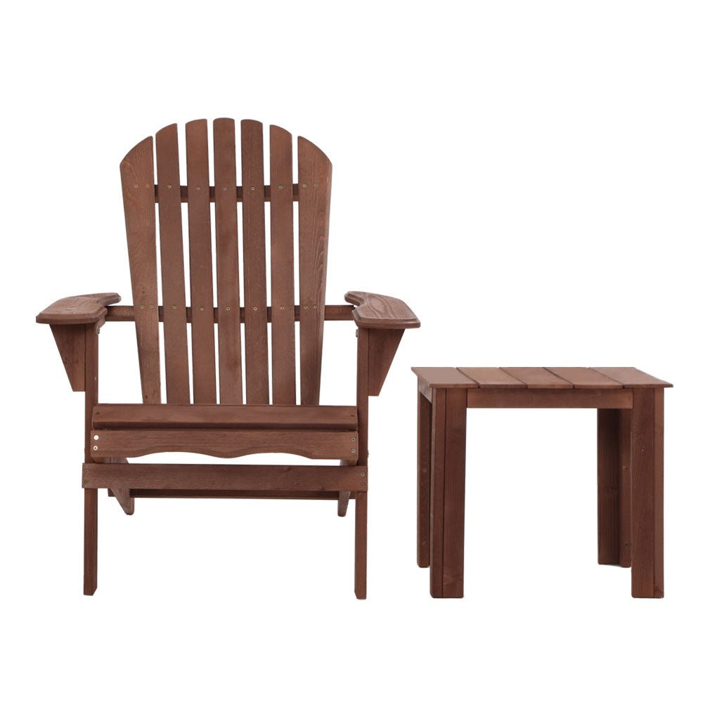 3PC Adirondack Outdoor Table and Chairs Wooden Foldable Beach Chair Brown - Furniture > Outdoor - Bedzy Australia