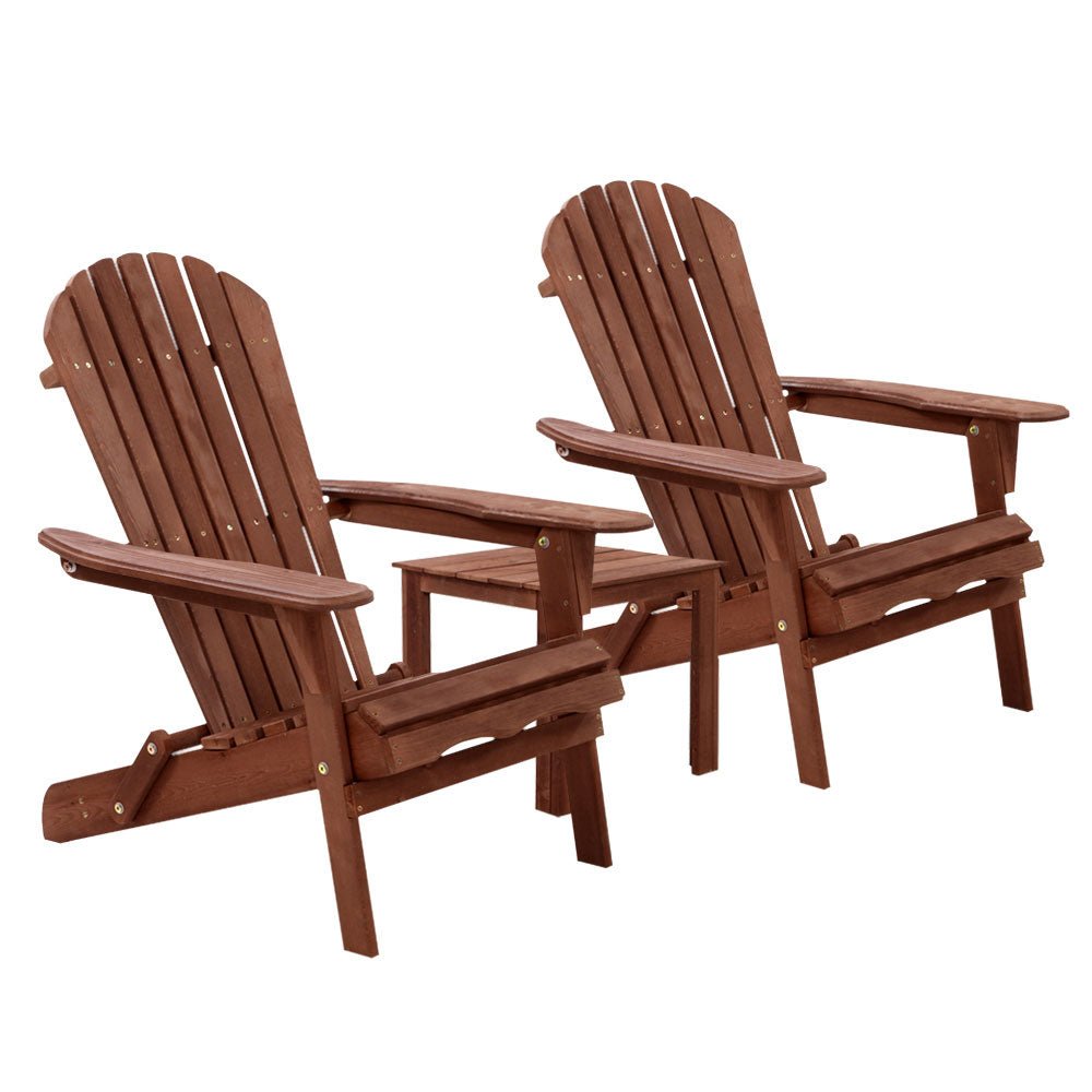 3PC Adirondack Outdoor Table and Chairs Wooden Foldable Beach Chair Brown - Furniture > Outdoor - Bedzy Australia