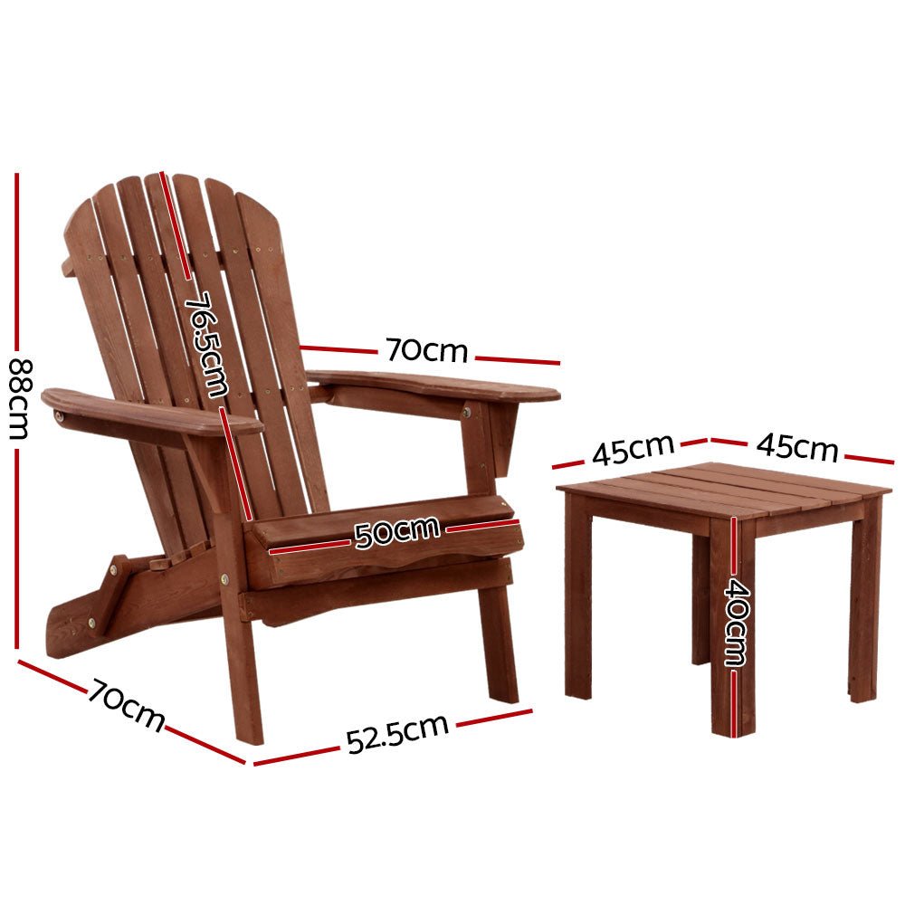 3PC Adirondack Outdoor Table and Chairs Wooden Foldable Beach Chair Brown - Furniture > Outdoor - Bedzy Australia