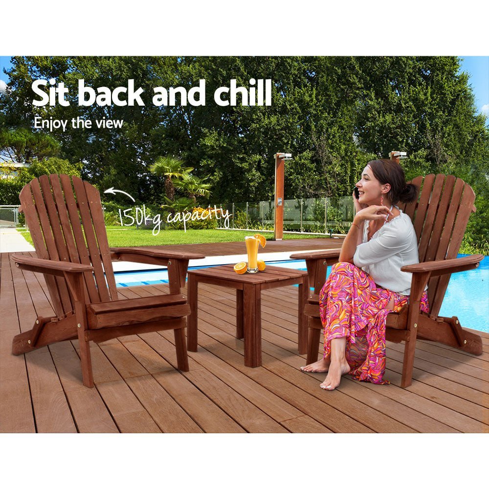 3PC Adirondack Outdoor Table and Chairs Wooden Foldable Beach Chair Brown - Furniture > Outdoor - Bedzy Australia