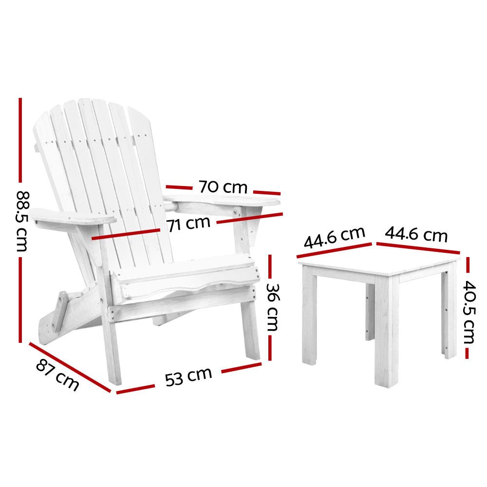 3PC Adirondack Outdoor Table and Chairs Wooden Foldable Beach Chair White - Furniture > Outdoor - Bedzy Australia