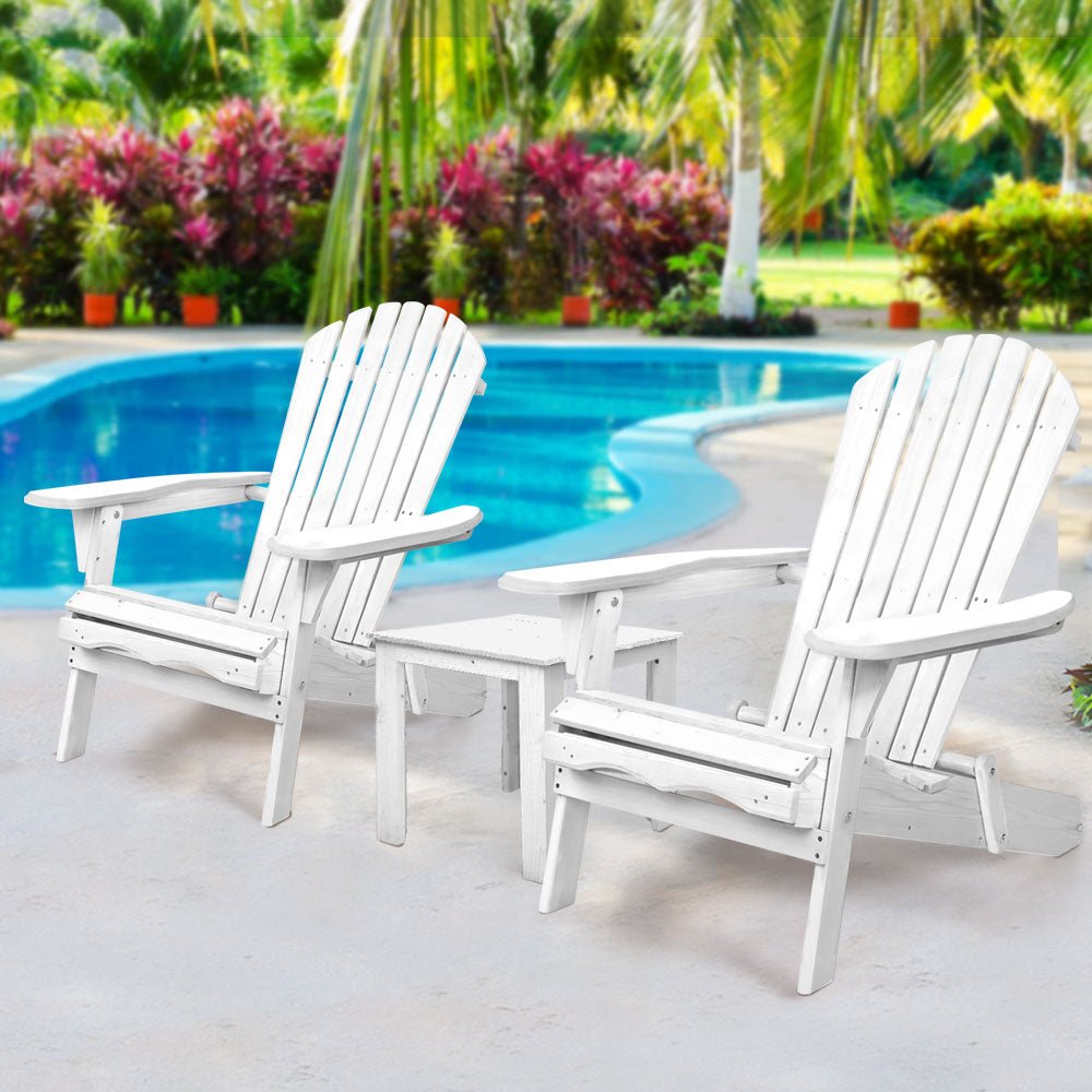 3PC Adirondack Outdoor Table and Chairs Wooden Foldable Beach Chair White - Furniture > Outdoor - Bedzy Australia