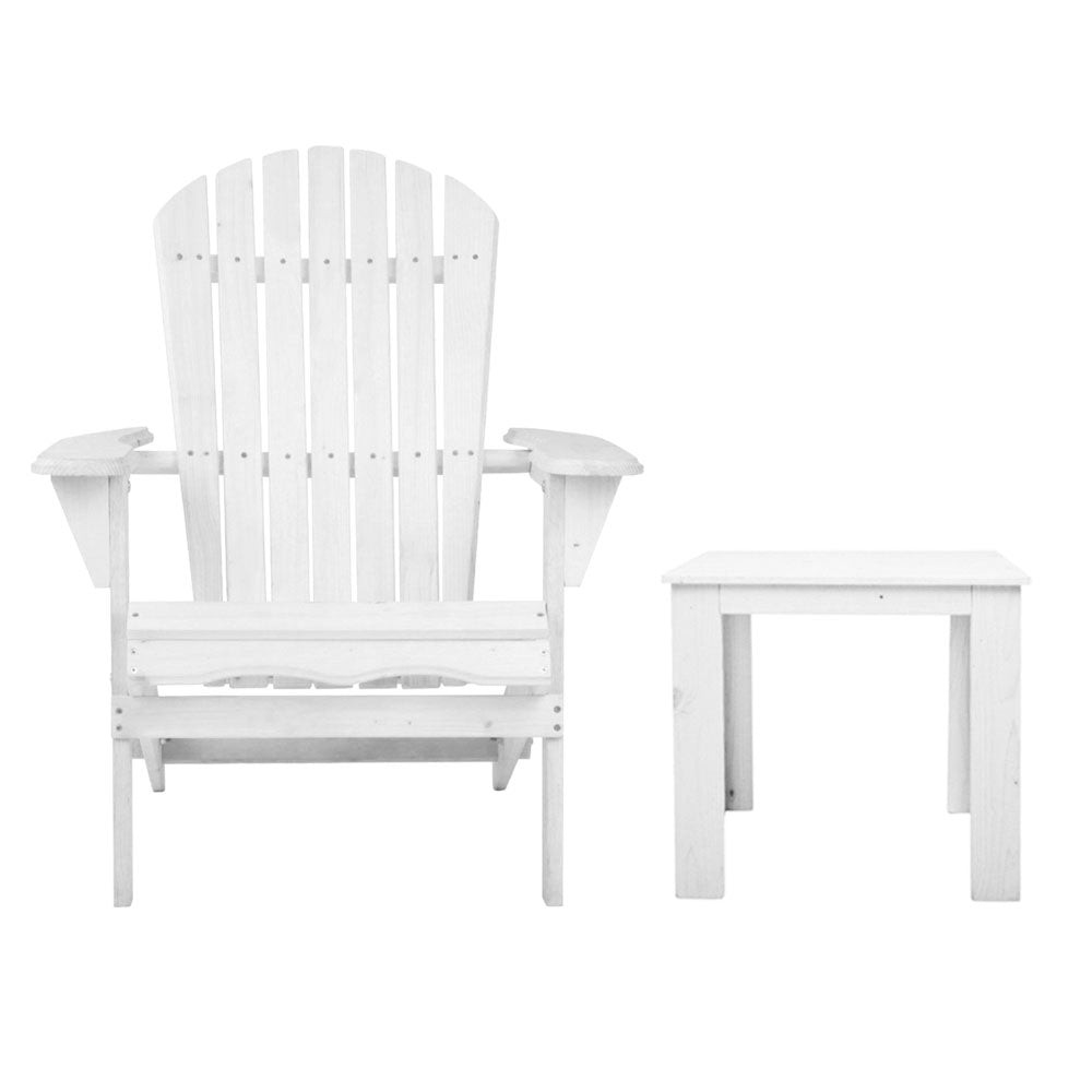 3PC Adirondack Outdoor Table and Chairs Wooden Foldable Beach Chair White - Furniture > Outdoor - Bedzy Australia