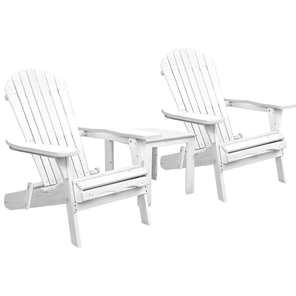 3PC Adirondack Outdoor Table and Chairs Wooden Foldable Beach Chair White - Furniture > Outdoor - Bedzy Australia