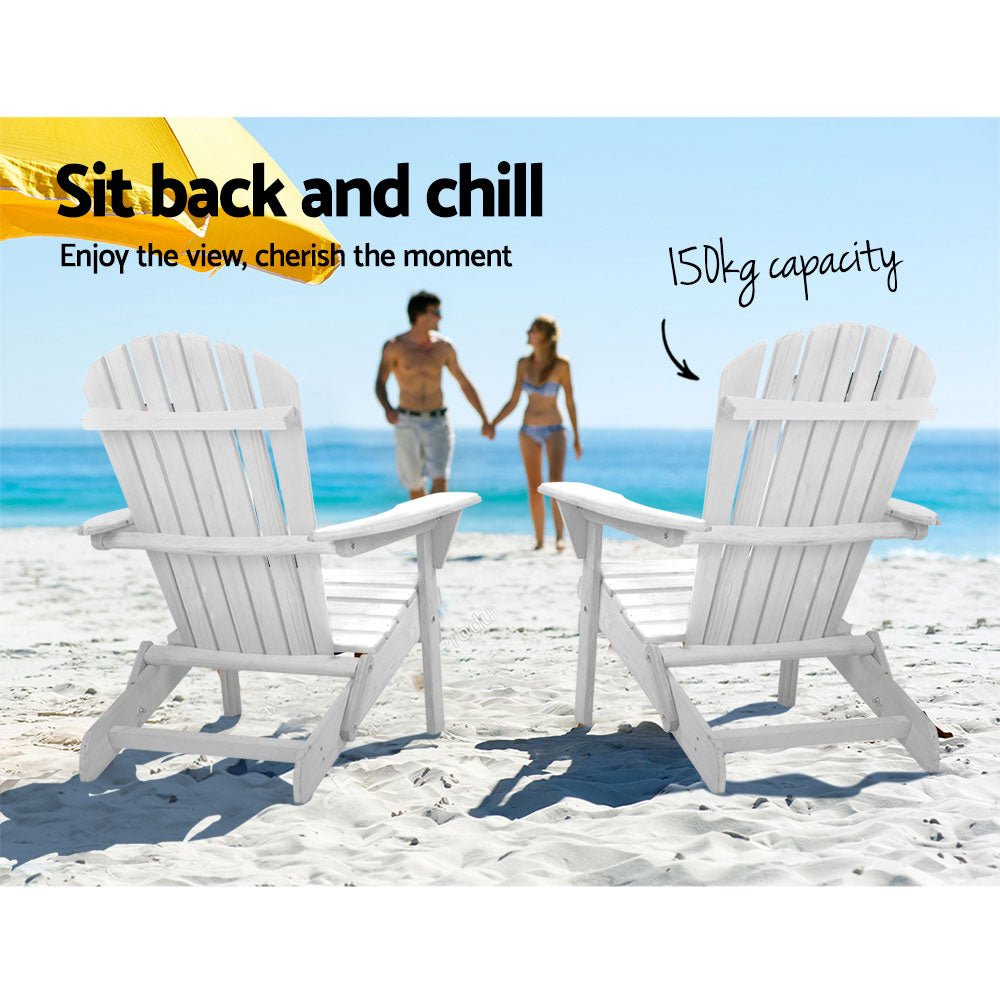 3PC Adirondack Outdoor Table and Chairs Wooden Foldable Beach Chair White - Furniture > Outdoor - Bedzy Australia