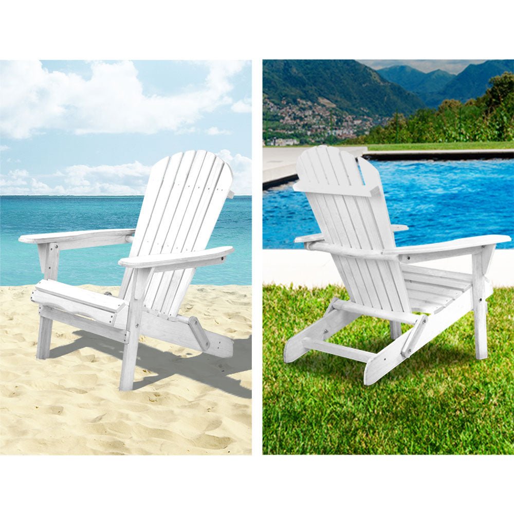 3PC Adirondack Outdoor Table and Chairs Wooden Foldable Beach Chair White - Furniture > Outdoor - Bedzy Australia