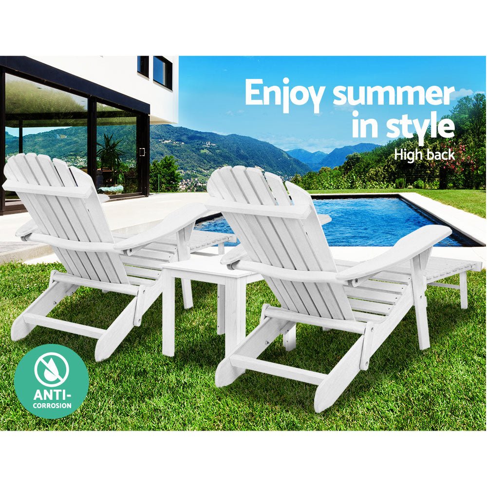 3PC Adirondack Outdoor Table and Chairs Wooden Sun Lounge Beach Patio White - Furniture > Outdoor - Bedzy Australia