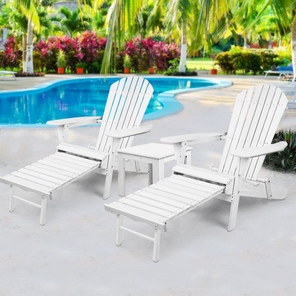 3PC Adirondack Outdoor Table and Chairs Wooden Sun Lounge Beach Patio White - Furniture > Outdoor - Bedzy Australia