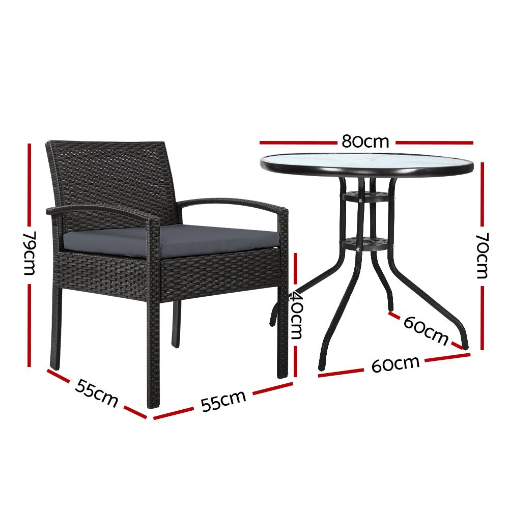 3PC Bistro Set Outdoor Furniture Rattan Table Chairs Cushion Patio Garden Felix - Furniture > Outdoor - Bedzy Australia