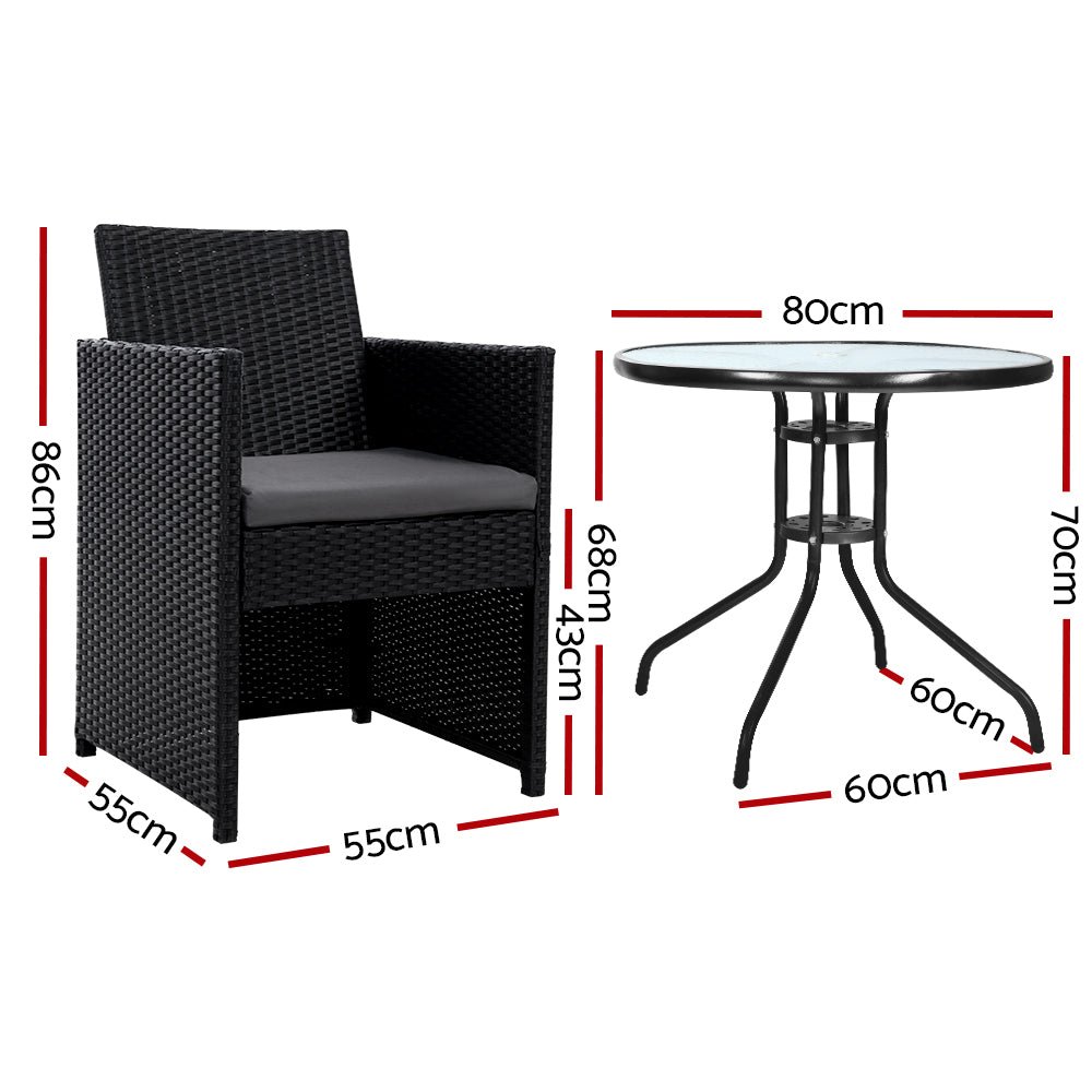 3PC Bistro Set Outdoor Furniture Rattan Table Chairs Cushion Patio Garden Hugo - Furniture > Outdoor - Bedzy Australia