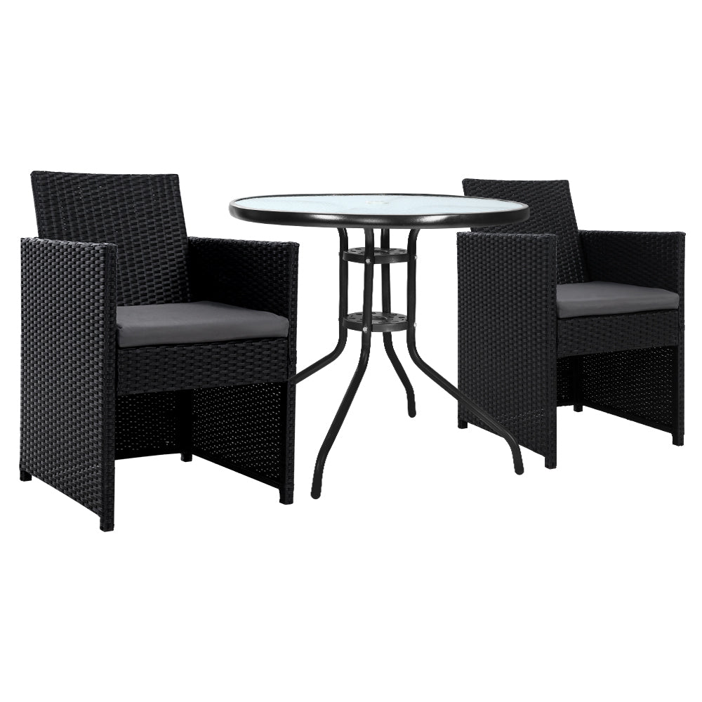 3PC Bistro Set Outdoor Furniture Rattan Table Chairs Cushion Patio Garden Hugo - Furniture > Outdoor - Bedzy Australia