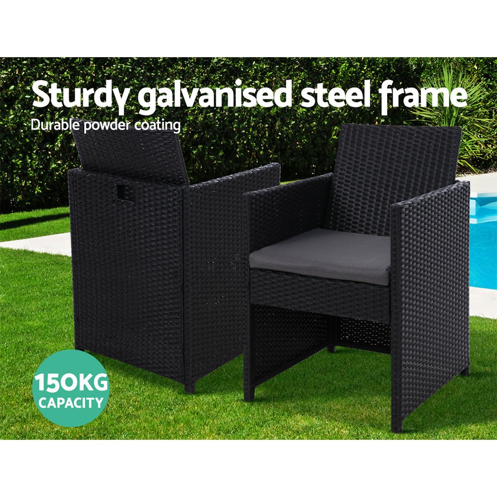 3PC Bistro Set Outdoor Furniture Rattan Table Chairs Cushion Patio Garden Hugo - Furniture > Outdoor - Bedzy Australia