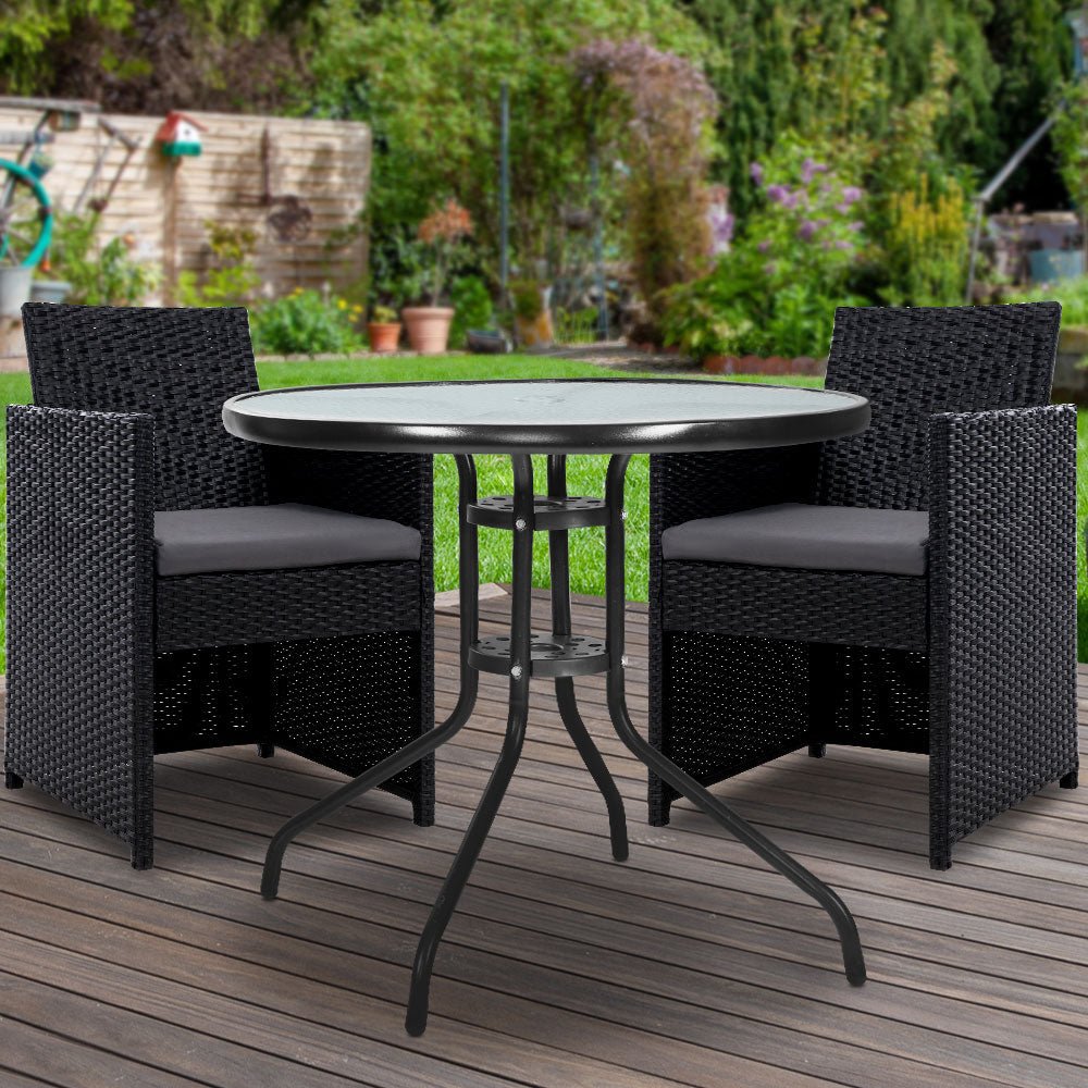 3PC Bistro Set Outdoor Furniture Rattan Table Chairs Cushion Patio Garden Hugo - Furniture > Outdoor - Bedzy Australia