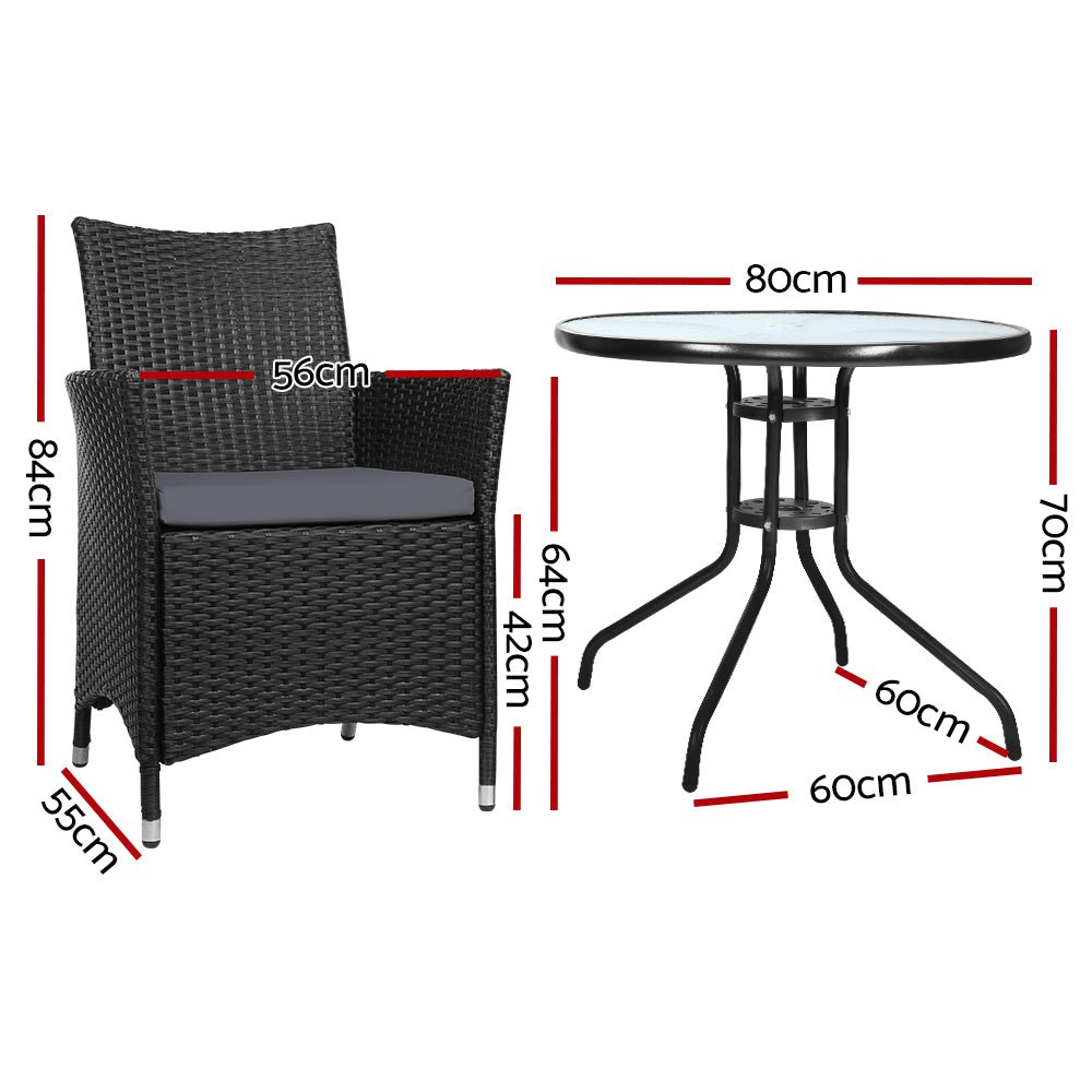 3PC Bistro Set Outdoor Furniture Rattan Table Chairs Cushion Patio Garden Idris - Furniture > Outdoor - Bedzy Australia