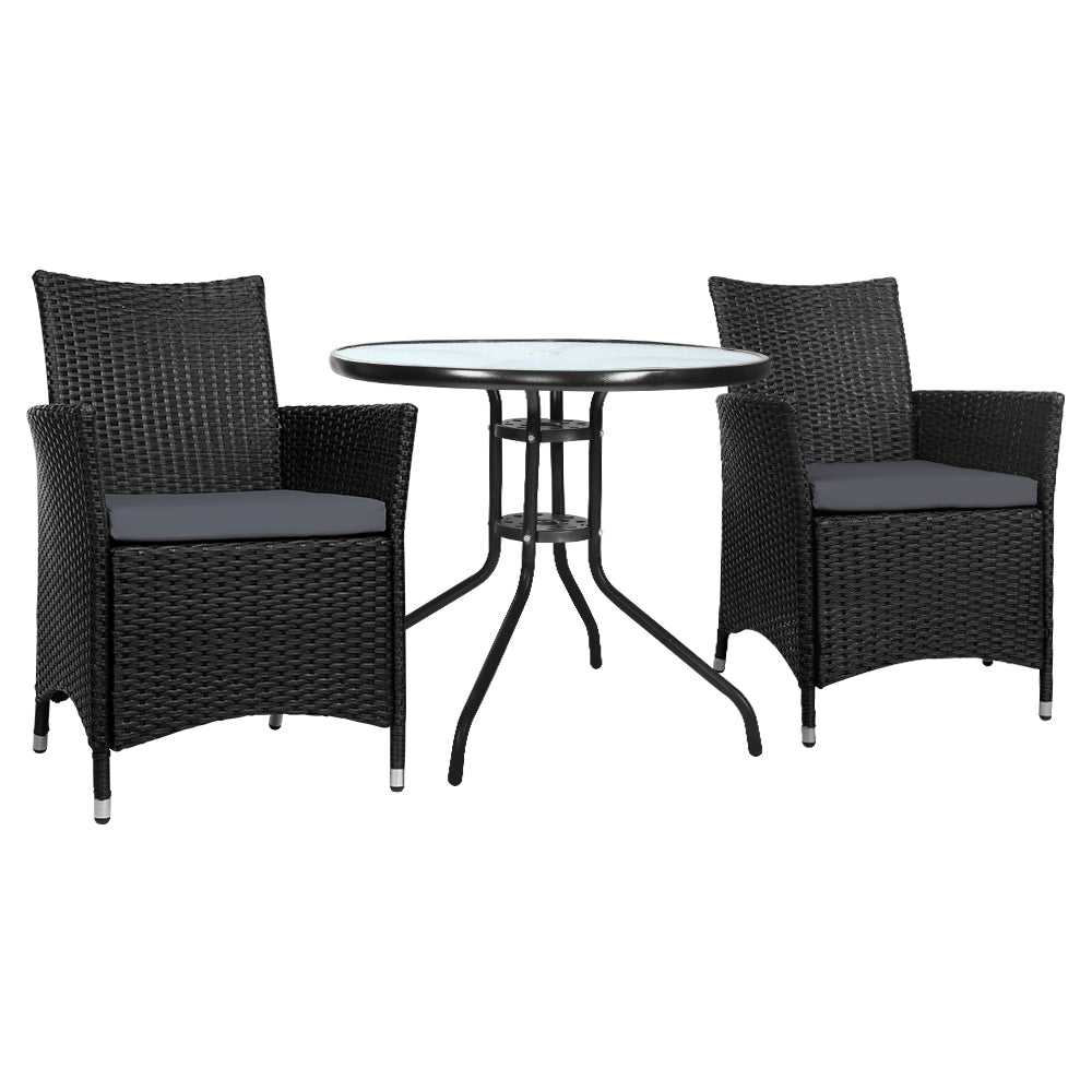 3PC Bistro Set Outdoor Furniture Rattan Table Chairs Cushion Patio Garden Idris - Furniture > Outdoor - Bedzy Australia