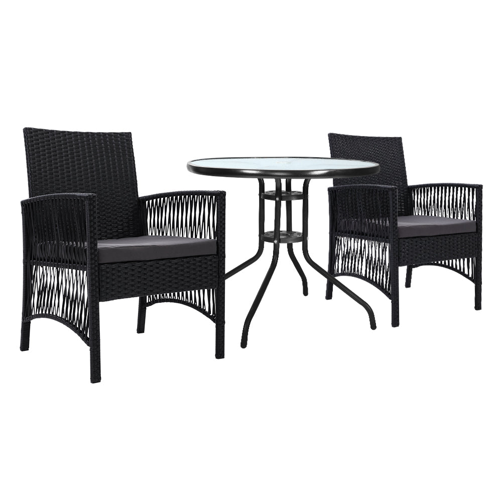 3PC Bistro Set Outdoor Furniture Rattan Table Chairs Cushion Patio Garden Lyra - Furniture > Outdoor - Bedzy Australia