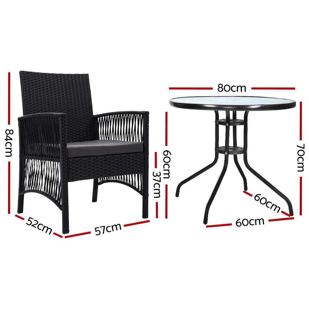 3PC Bistro Set Outdoor Furniture Rattan Table Chairs Cushion Patio Garden Lyra - Furniture > Outdoor - Bedzy Australia