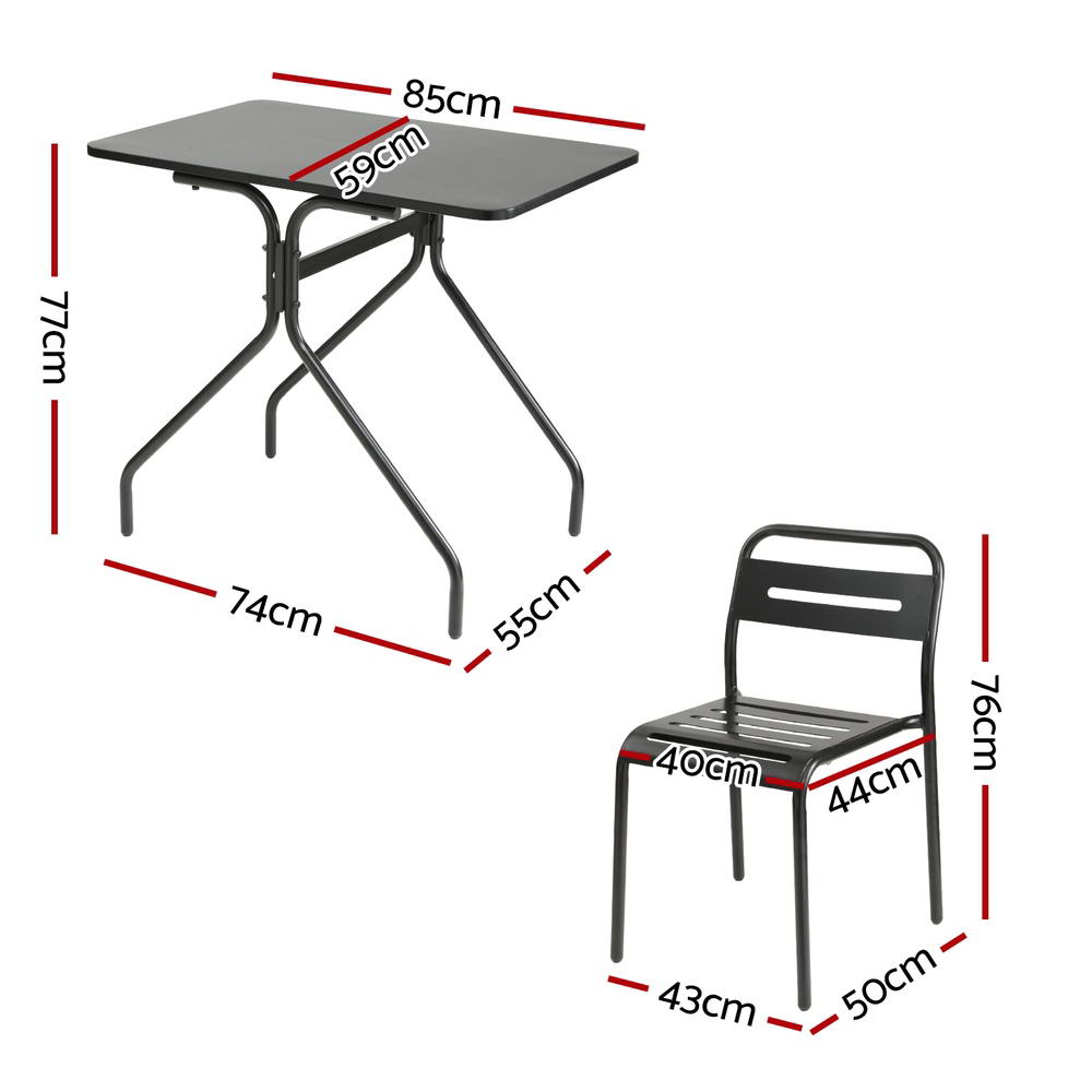 3PC Outdoor Bistro Set Patio Furniture Steel Table and Chairs Black - Furniture > Outdoor > Outdoor Dining Sets - Bedzy Australia