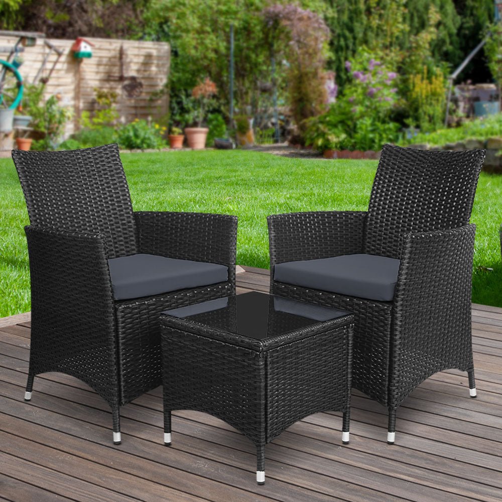 3PC Outdoor Bistro Set Patio Furniture Wicker Chairs Table Cushion All Black - Furniture > Outdoor - Bedzy Australia