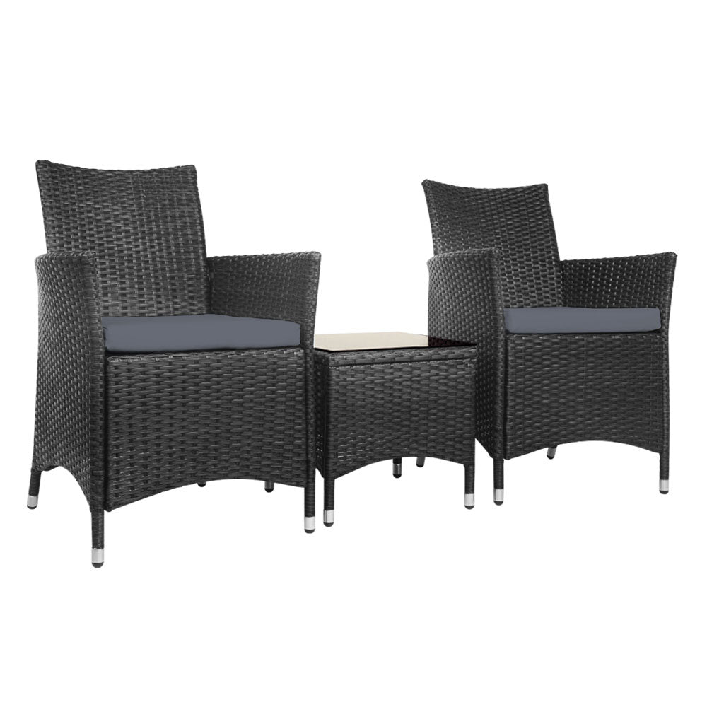 3PC Outdoor Bistro Set Patio Furniture Wicker Chairs Table Cushion All Black - Furniture > Outdoor - Bedzy Australia