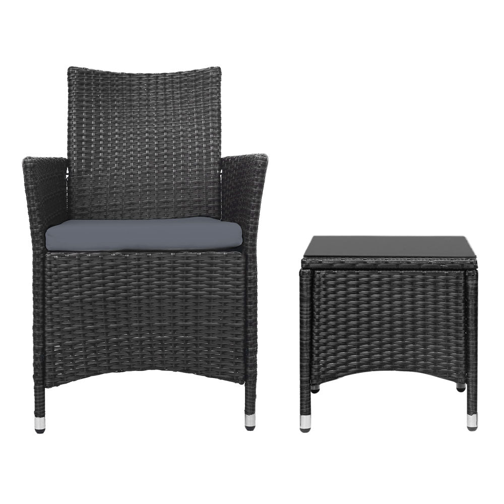 3PC Outdoor Bistro Set Patio Furniture Wicker Chairs Table Cushion All Black - Furniture > Outdoor - Bedzy Australia