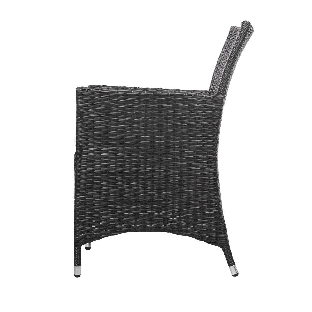 3PC Outdoor Bistro Set Patio Furniture Wicker Chairs Table Cushion All Black - Furniture > Outdoor - Bedzy Australia