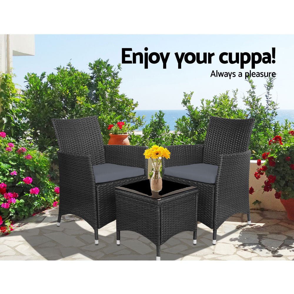 3PC Outdoor Bistro Set Patio Furniture Wicker Chairs Table Cushion All Black - Furniture > Outdoor - Bedzy Australia