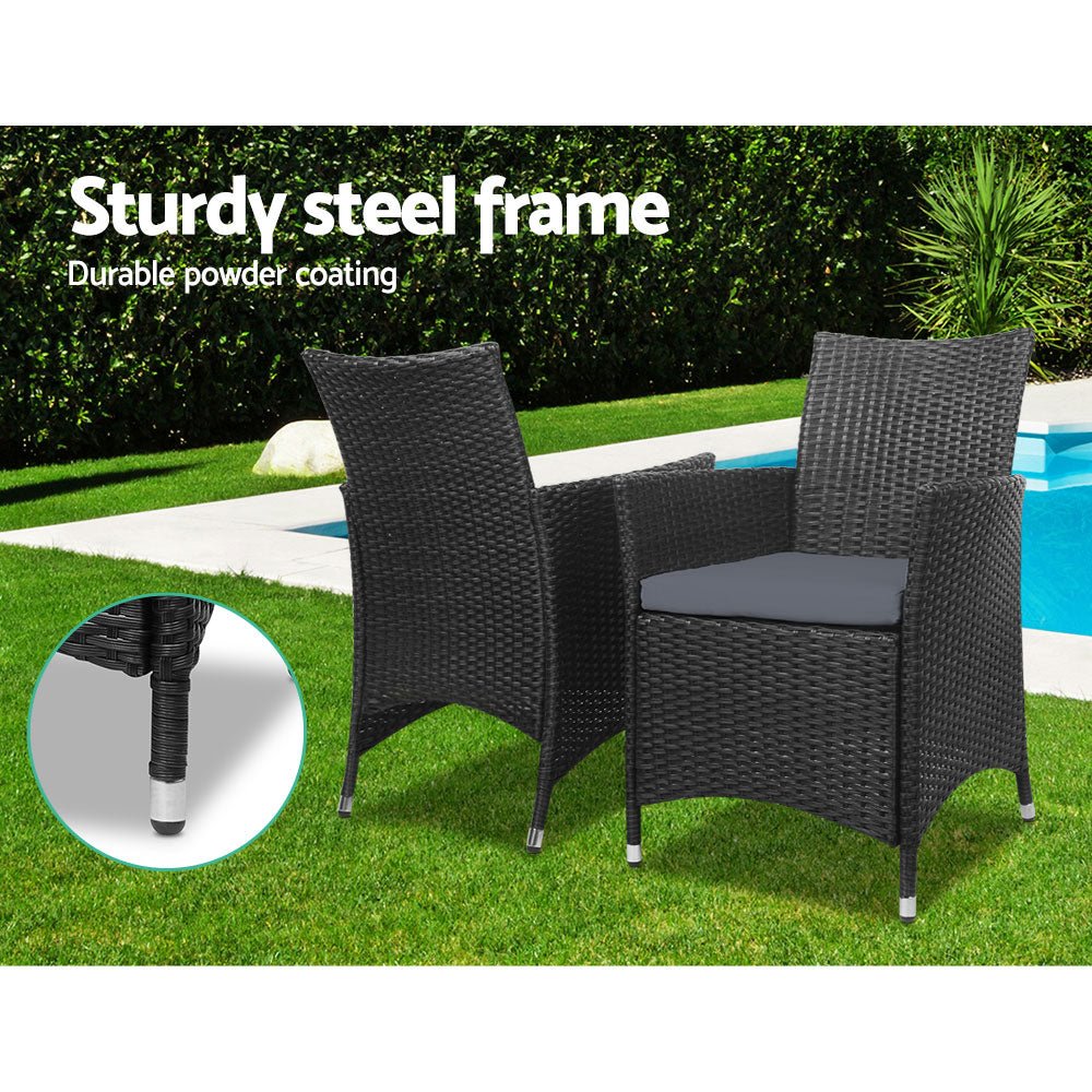 3PC Outdoor Bistro Set Patio Furniture Wicker Chairs Table Cushion All Black - Furniture > Outdoor - Bedzy Australia