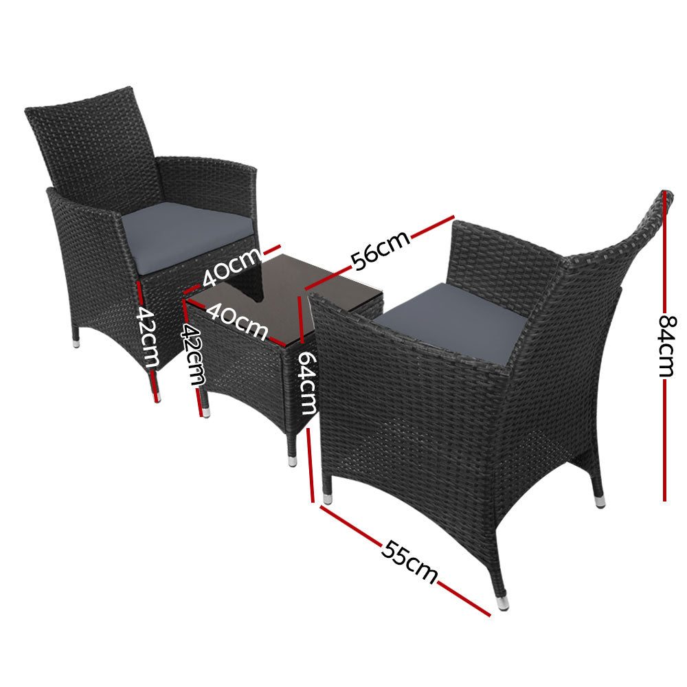 3PC Outdoor Bistro Set Patio Furniture Wicker Chairs Table Cushion All Black - Furniture > Outdoor - Bedzy Australia