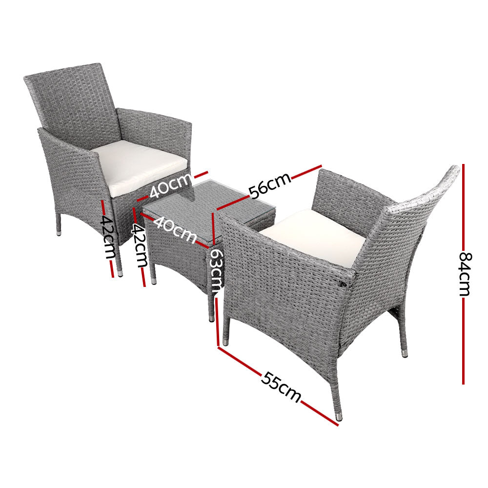 3PC Outdoor Bistro Set Patio Furniture Wicker Setting Chairs Table Cushion Grey - Furniture > Outdoor - Bedzy Australia