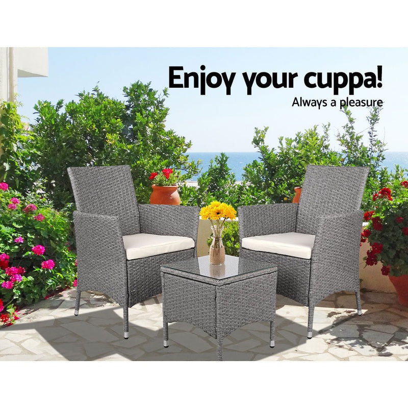 3PC Outdoor Bistro Set Patio Furniture Wicker Setting Chairs Table Cushion Grey - Furniture > Outdoor - Bedzy Australia