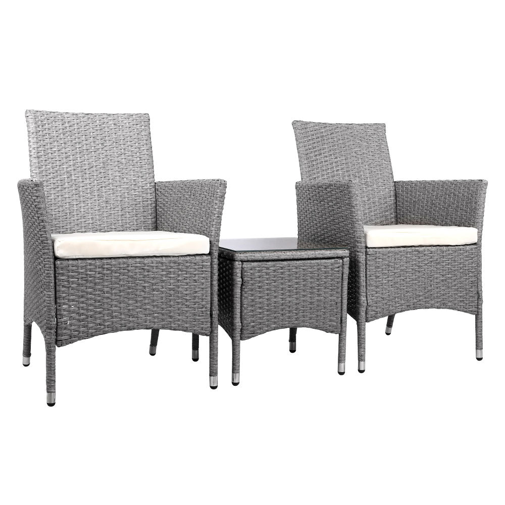 3PC Outdoor Bistro Set Patio Furniture Wicker Setting Chairs Table Cushion Grey - Furniture > Outdoor - Bedzy Australia