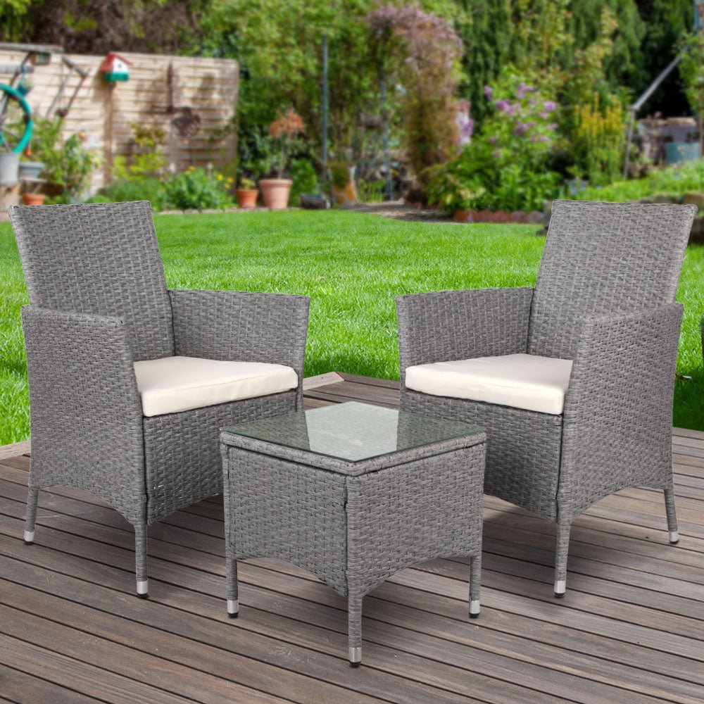 3PC Outdoor Bistro Set Patio Furniture Wicker Setting Chairs Table Cushion Grey - Furniture > Outdoor - Bedzy Australia