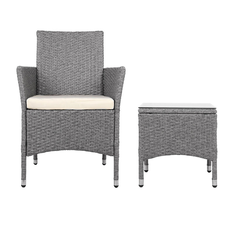 3PC Outdoor Bistro Set Patio Furniture Wicker Setting Chairs Table Cushion Grey - Furniture > Outdoor - Bedzy Australia