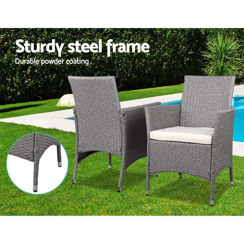 3PC Outdoor Bistro Set Patio Furniture Wicker Setting Chairs Table Cushion Grey - Furniture > Outdoor - Bedzy Australia