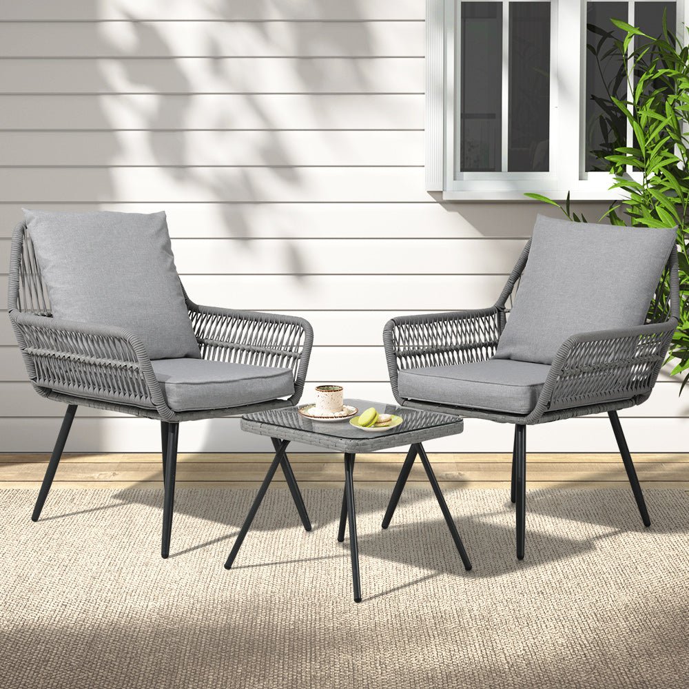 3PC Outdoor Furniture Bistro Set Lounge Setting Chairs Table Patio Grey - Furniture > Outdoor - Bedzy Australia