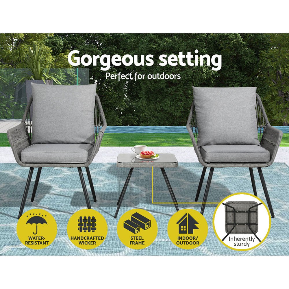 3PC Outdoor Furniture Bistro Set Lounge Setting Chairs Table Patio Grey - Furniture > Outdoor - Bedzy Australia