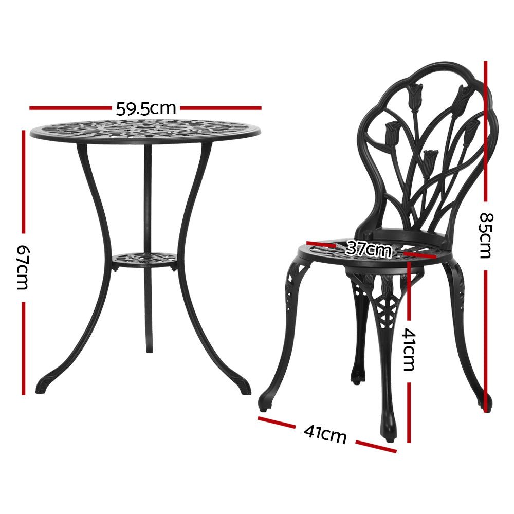 3PC Outdoor Setting Bistro Set Chairs Table Cast Aluminum Patio Furniture Tulip Black - Furniture > Outdoor - Bedzy Australia