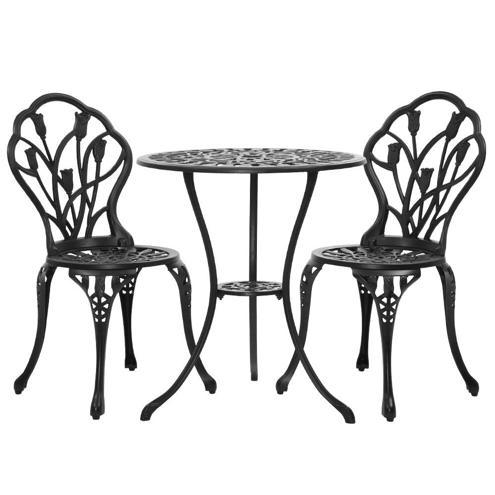 3PC Outdoor Setting Bistro Set Chairs Table Cast Aluminum Patio Furniture Tulip Black - Furniture > Outdoor - Bedzy Australia