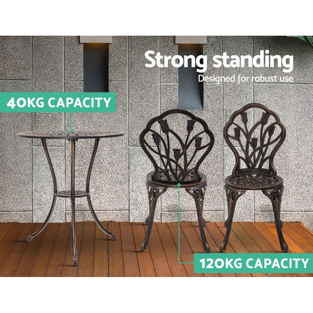 3PC Outdoor Setting Bistro Set Chairs Table Cast Aluminum Patio Furniture Tulip Bronze - Furniture > Outdoor - Bedzy Australia