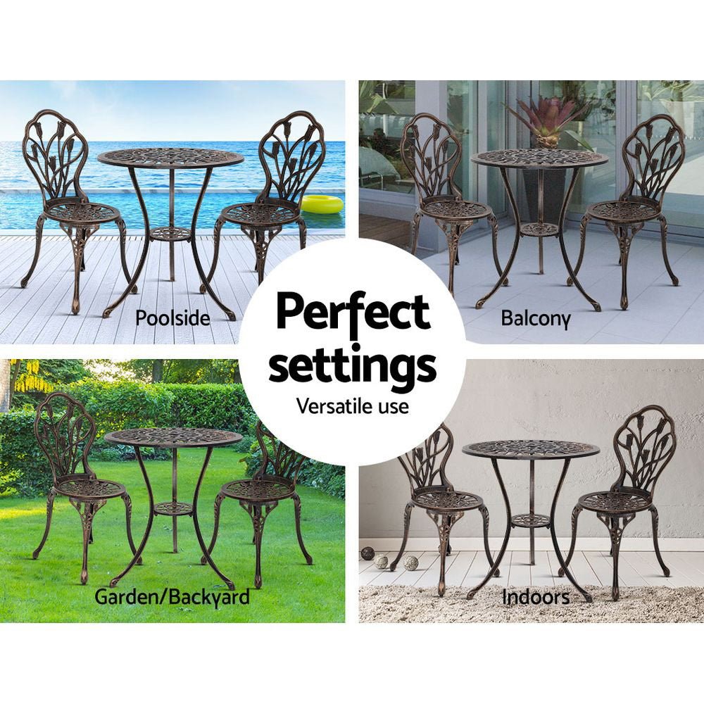 3PC Outdoor Setting Bistro Set Chairs Table Cast Aluminum Patio Furniture Tulip Bronze - Furniture > Outdoor - Bedzy Australia