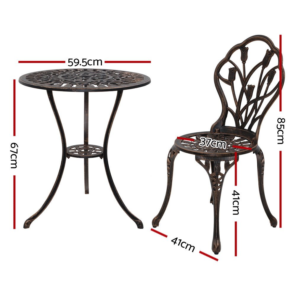 3PC Outdoor Setting Bistro Set Chairs Table Cast Aluminum Patio Furniture Tulip Bronze - Furniture > Outdoor - Bedzy Australia