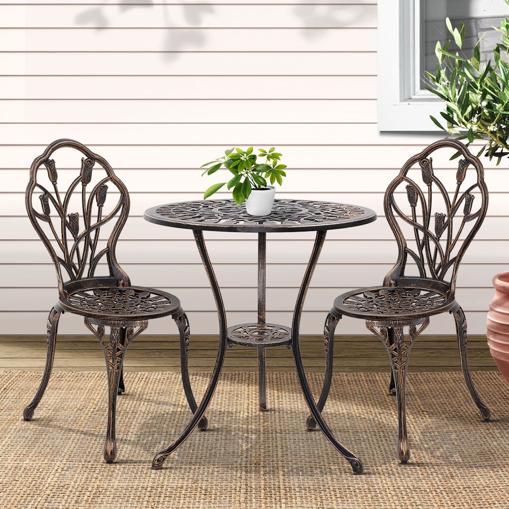 3PC Outdoor Setting Bistro Set Chairs Table Cast Aluminum Patio Furniture Tulip Bronze - Furniture > Outdoor - Bedzy Australia