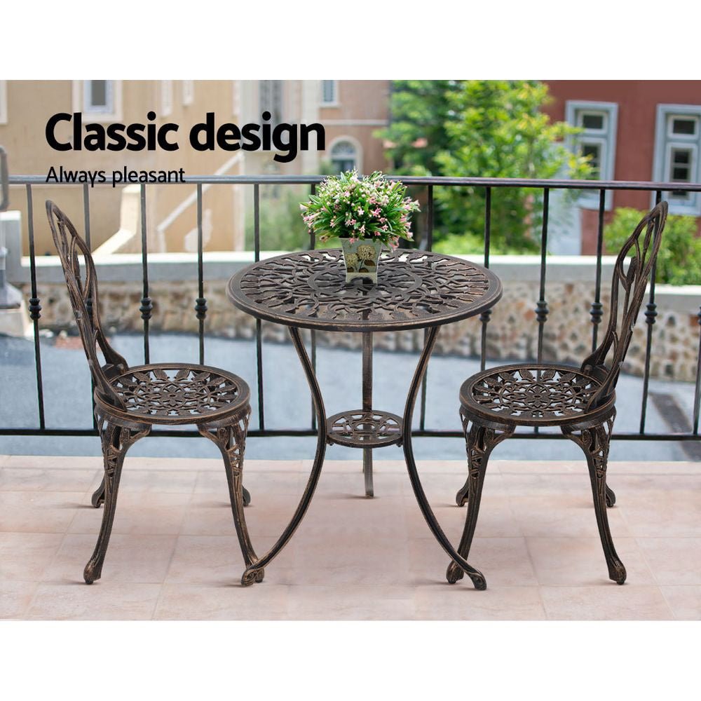 3PC Outdoor Setting Bistro Set Chairs Table Cast Aluminum Patio Furniture Tulip Bronze - Furniture > Outdoor - Bedzy Australia