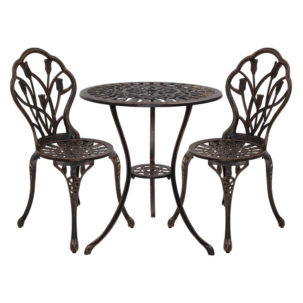 3PC Outdoor Setting Bistro Set Chairs Table Cast Aluminum Patio Furniture Tulip Bronze - Furniture > Outdoor - Bedzy Australia